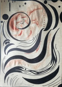og011-bs Diffusione del suono di un violino Inchiostro china e acrilico su pergamena 20x30  