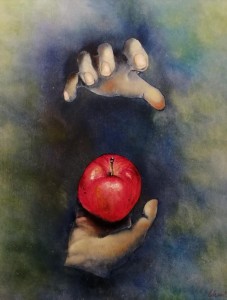 op038-daniela martelli ADAMO ED EVA INCHIOSTRI SU LEGNO PITTURA CON LE DITA 60X50