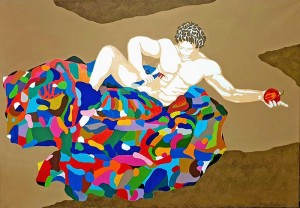 op078-irene sirtori L'ultima mela Acrilico e polvere di bronzo su tela 100x70