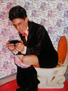 pit22120-MENNATO-TEDESCO-Smart-Working-olio-e-tempera-su-tela-tecnica-mista-con-carta-da-parato-cm80x60x2